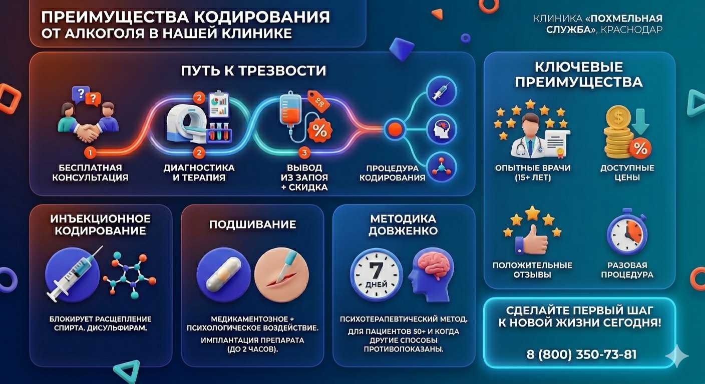 Инфографика о методах кодирования от алкоголя в Инжавино: инъекции, подшивание, метод Довженко. Преимущества клиники и этапы лечения.